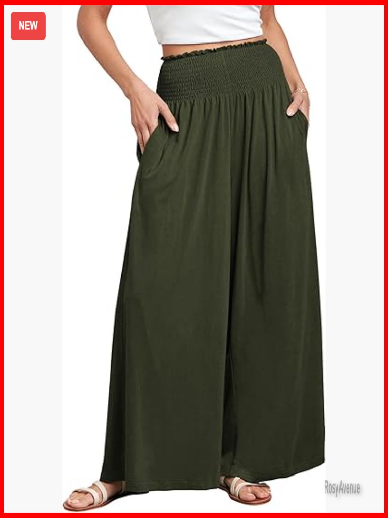 Summer Palazzo Pants Wide Leg High Waist Smocked Lounge Casual With Pocket